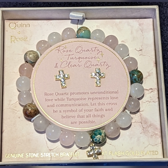 Quinn  Rose Quartz Turquoise Clear Quartz Cross Bracelet & Earrings Set 14K GP - Picture 5 of 6